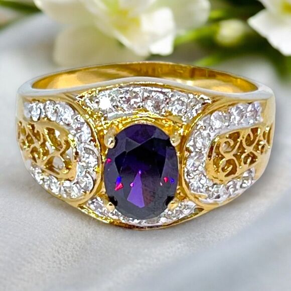 Vintage Ring Size 6 Purple & Clear Cubic Zirconia 18K Gold Plate Mid-Century 14J - Picture 2 of 9